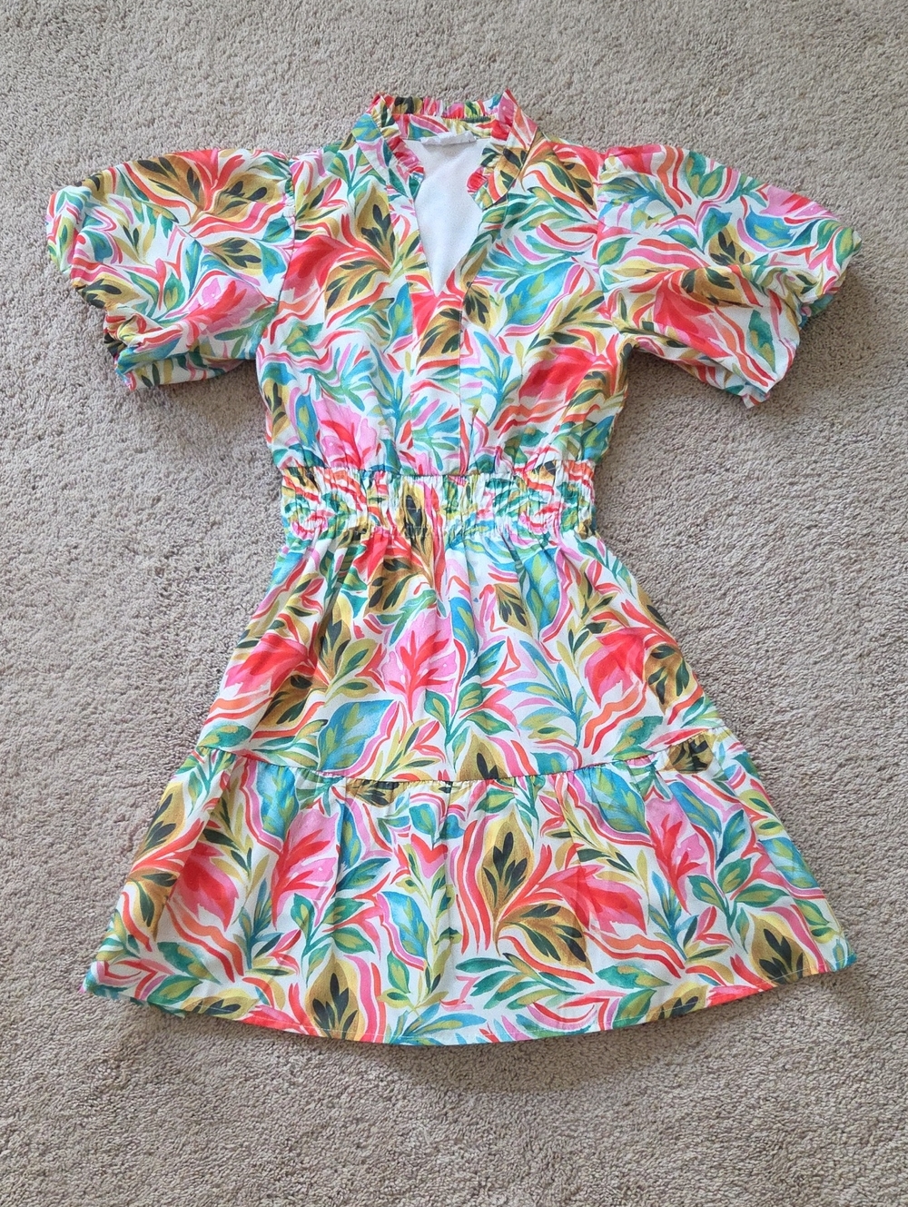 THML Multicolor Floral Puff-Sleeve Dress - Coral, Green, Yellow, Blue